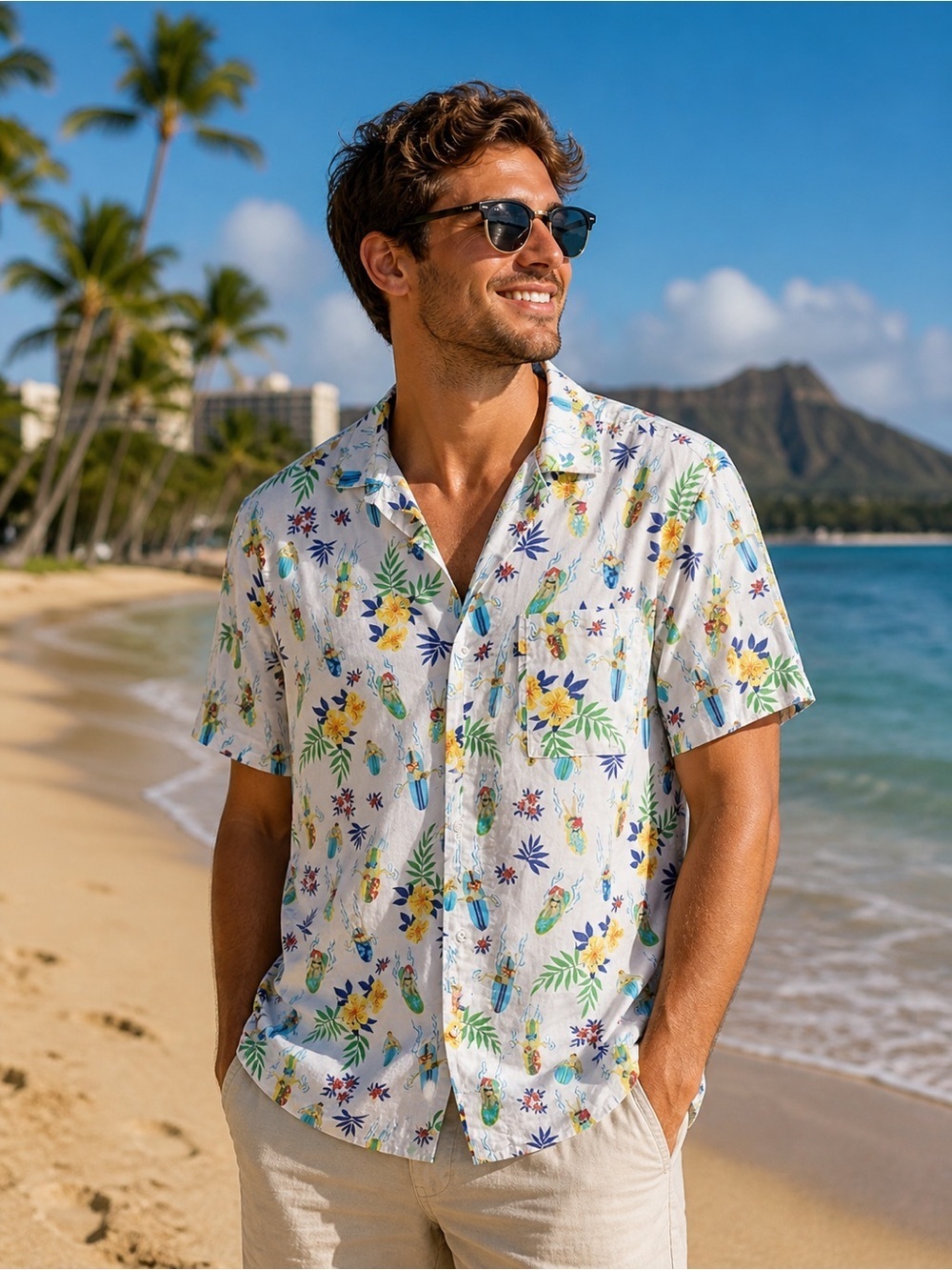 Izod White Tropical Print Short Sleeve Shirt Mens Large